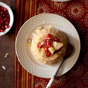 Top view of jonna halwa on a white plate