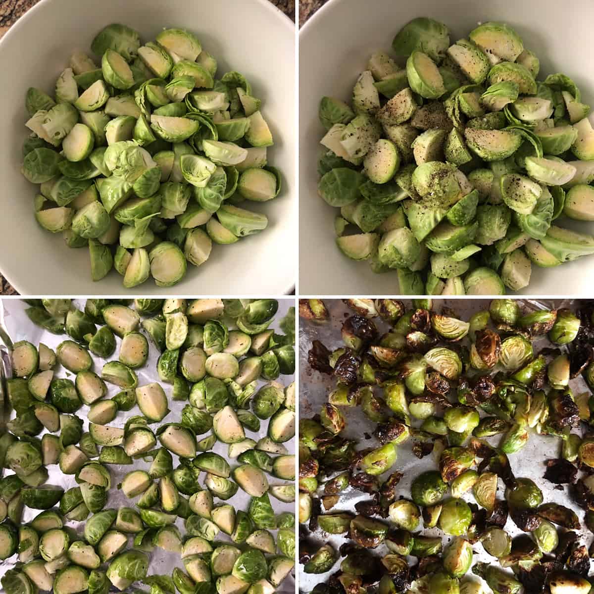 Trimmed prepped sprouts before and after roasting.