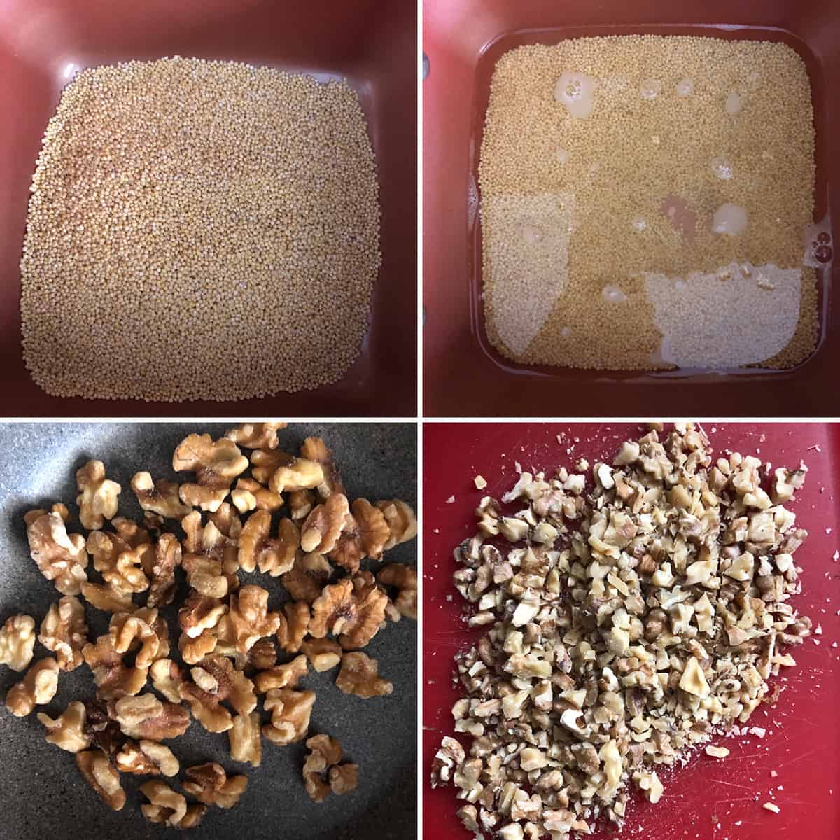 Toasted millet being cooked in water and toasted and chopped walnuts.