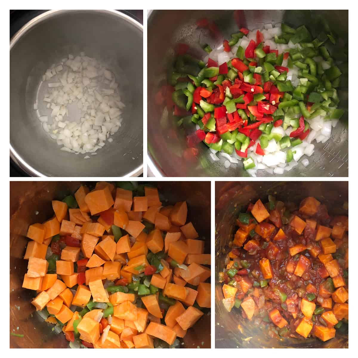 Step by step photos showing sautéing of onions, peppers, sweet potatoes and tomato puree