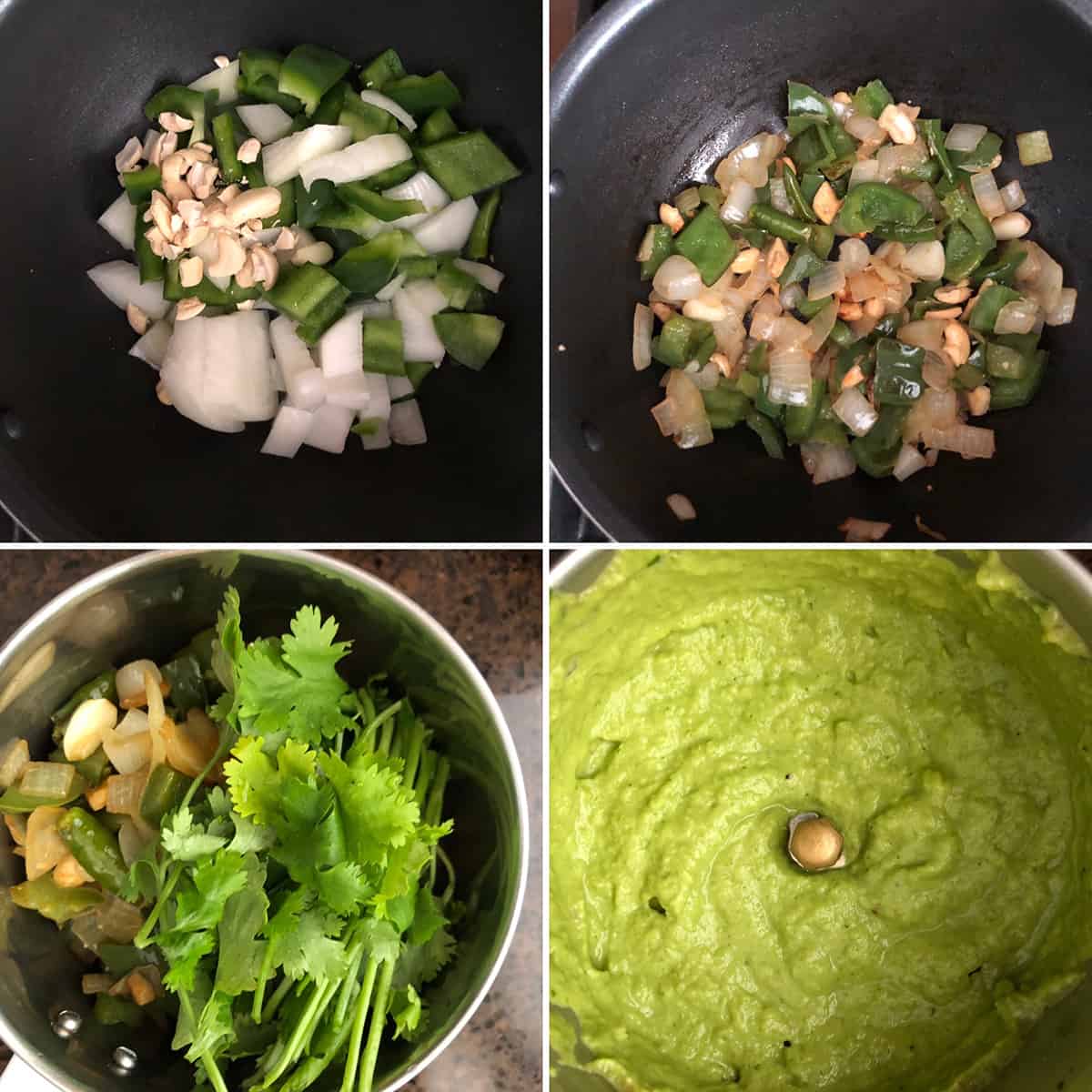 Photos showing the green masala ingredients being sauteed and ground to a paste