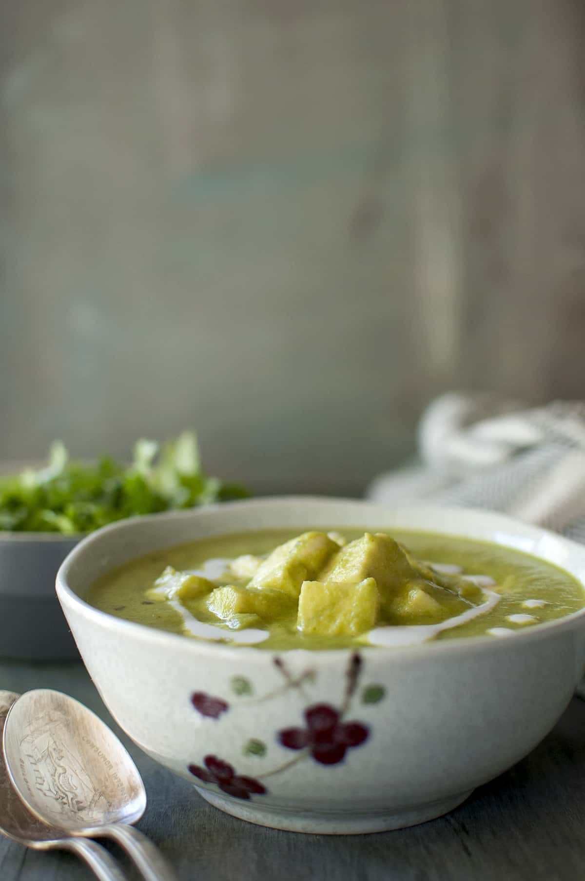 Grey printed bowl with hara paneer masala