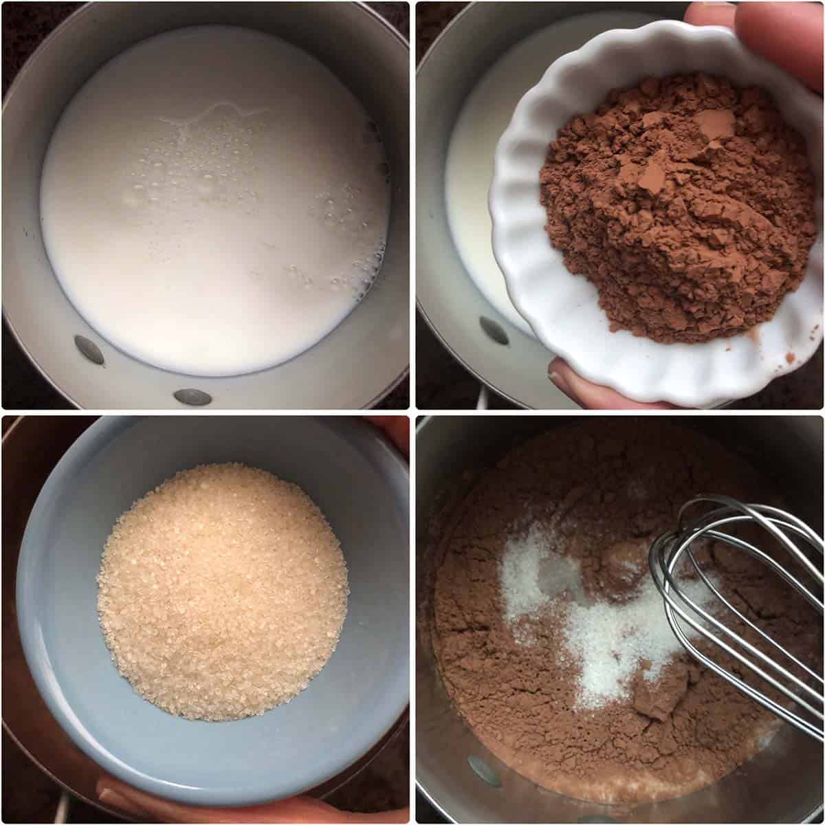 Mixing sugar, raw cacao with milk in sauce pan