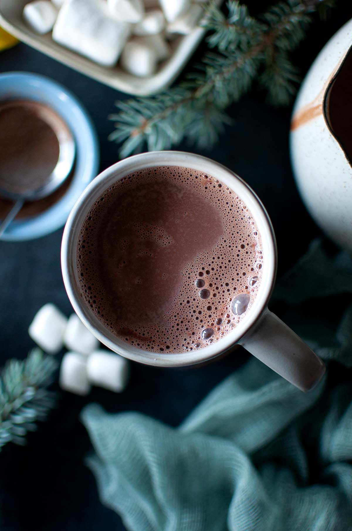 Top view of grey mug with hot chocolate