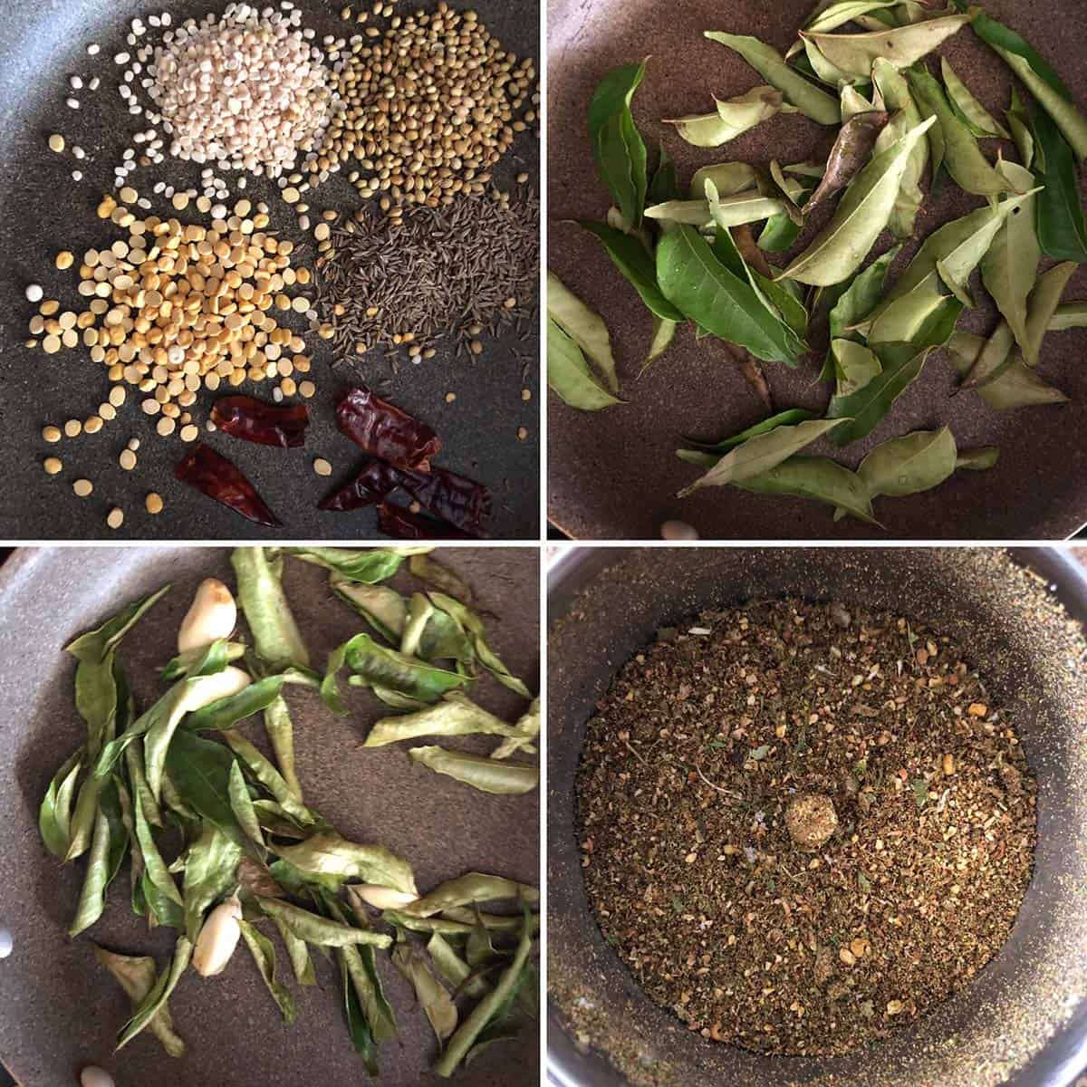 4 panel photo showing the sautéing and grinding of ingredients for curry leaf podi.