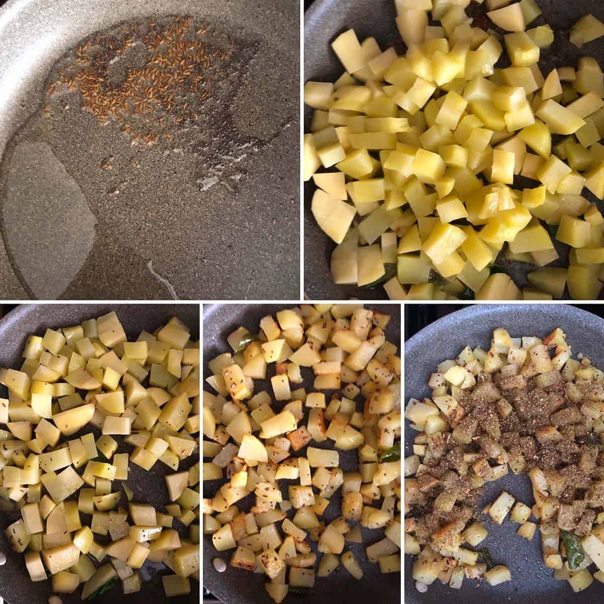 5 panel photo showing the making of aloo sabji.