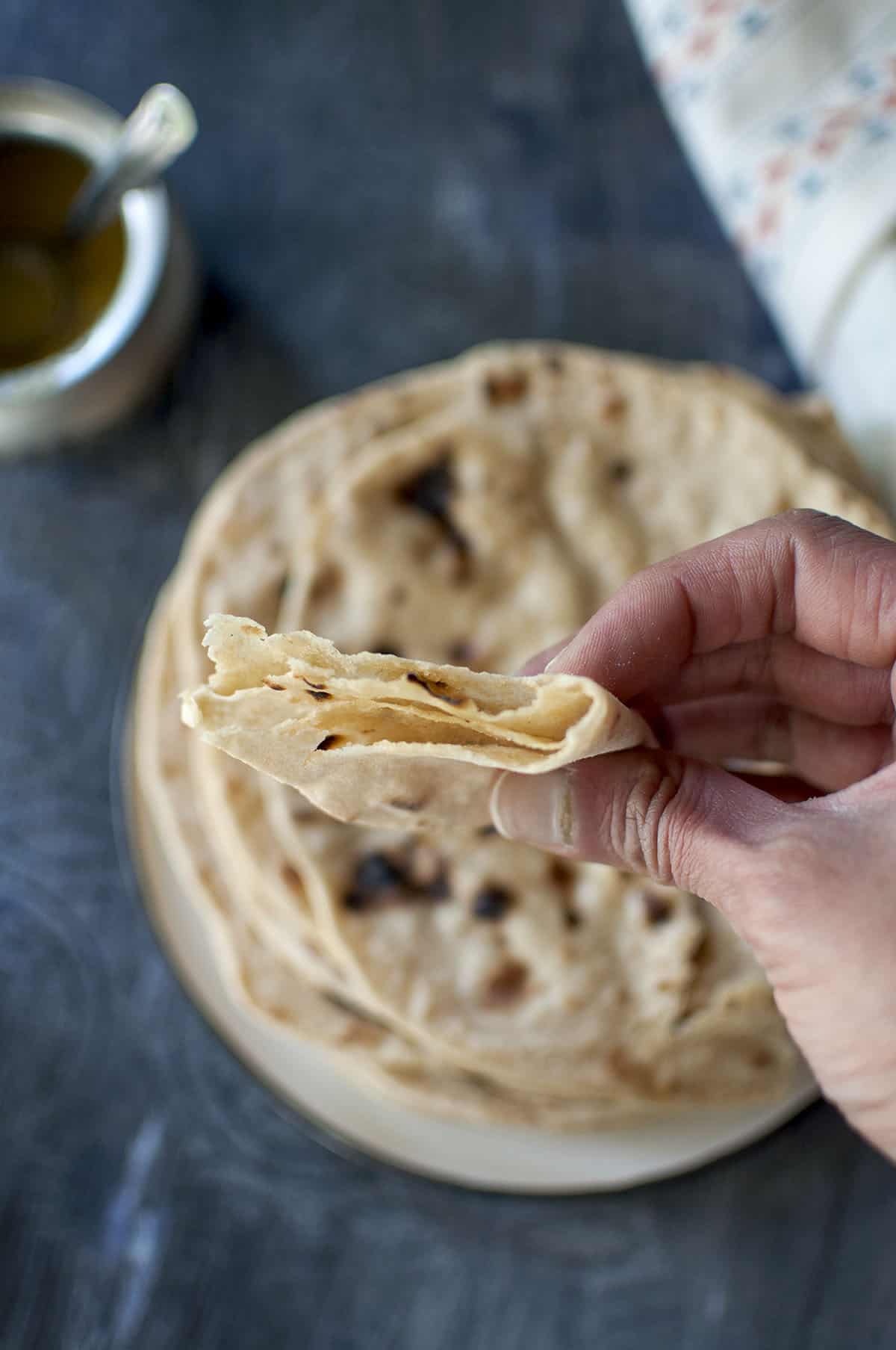 Hand holding piece of soft roti