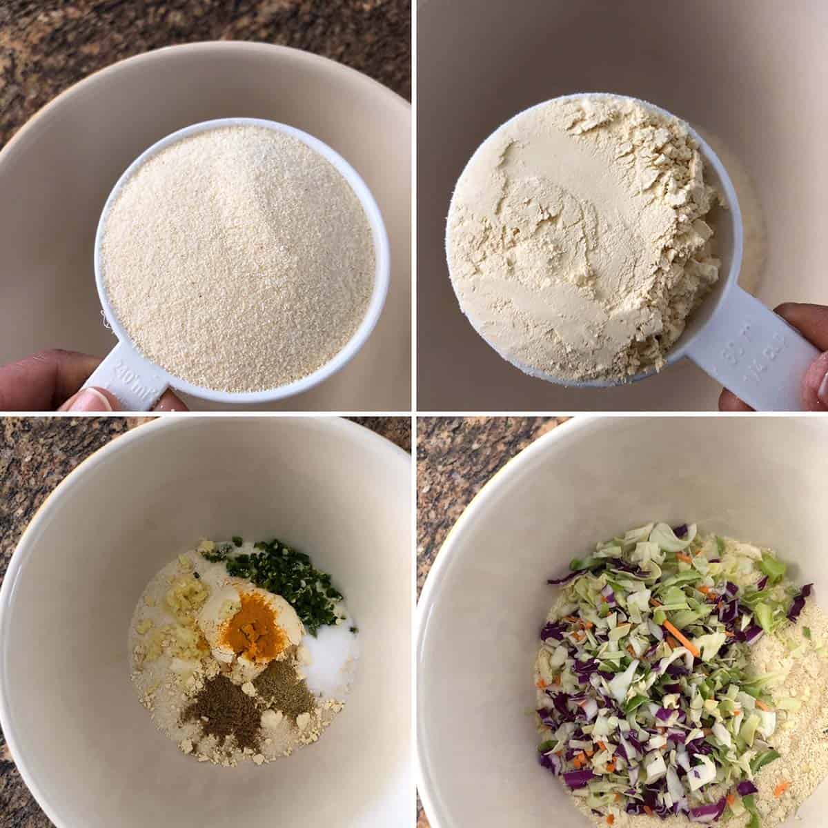 4 panel photo showing the addition of ingredients to a bowl.