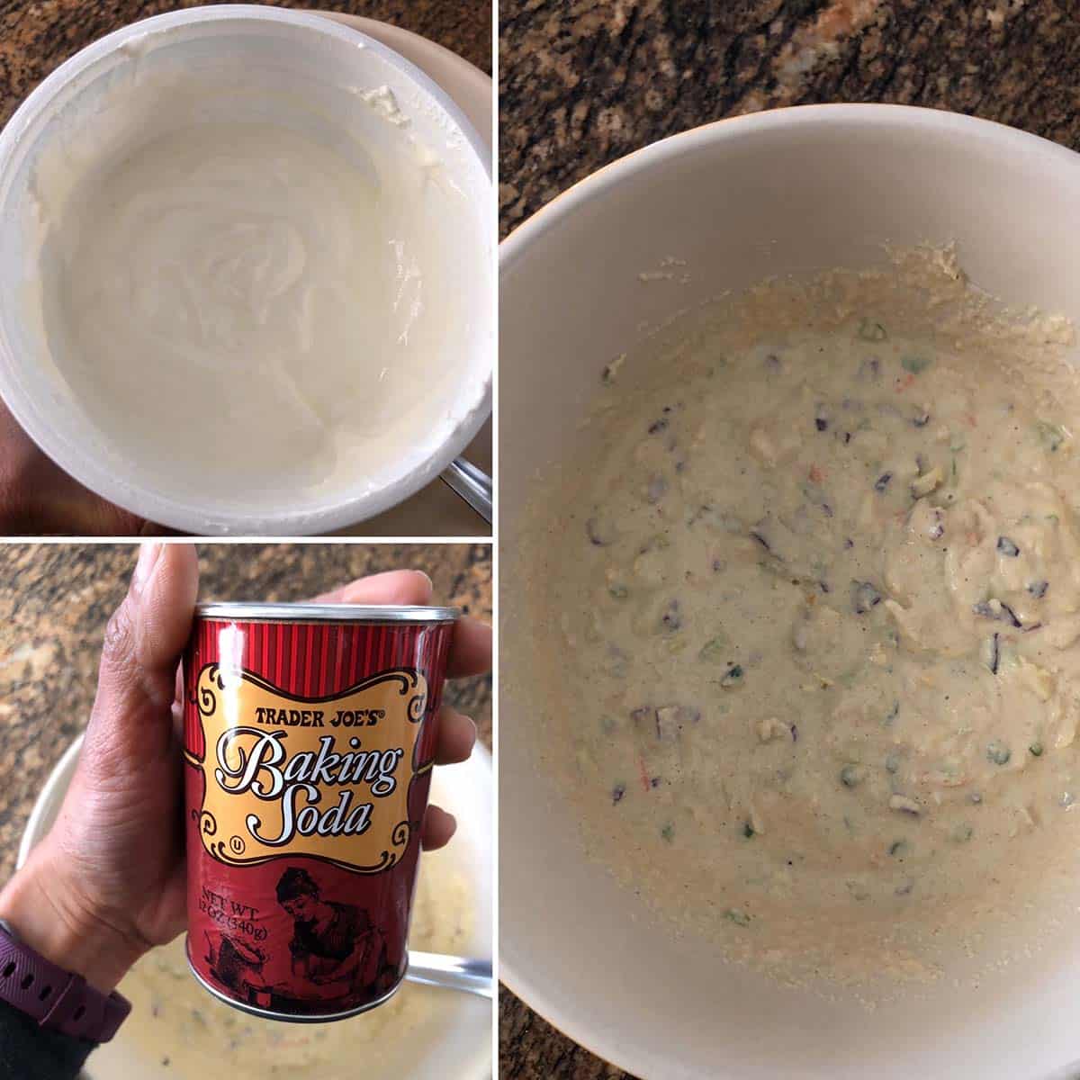 3 panel photo showing the addition of yogurt and baking soda to the batter.