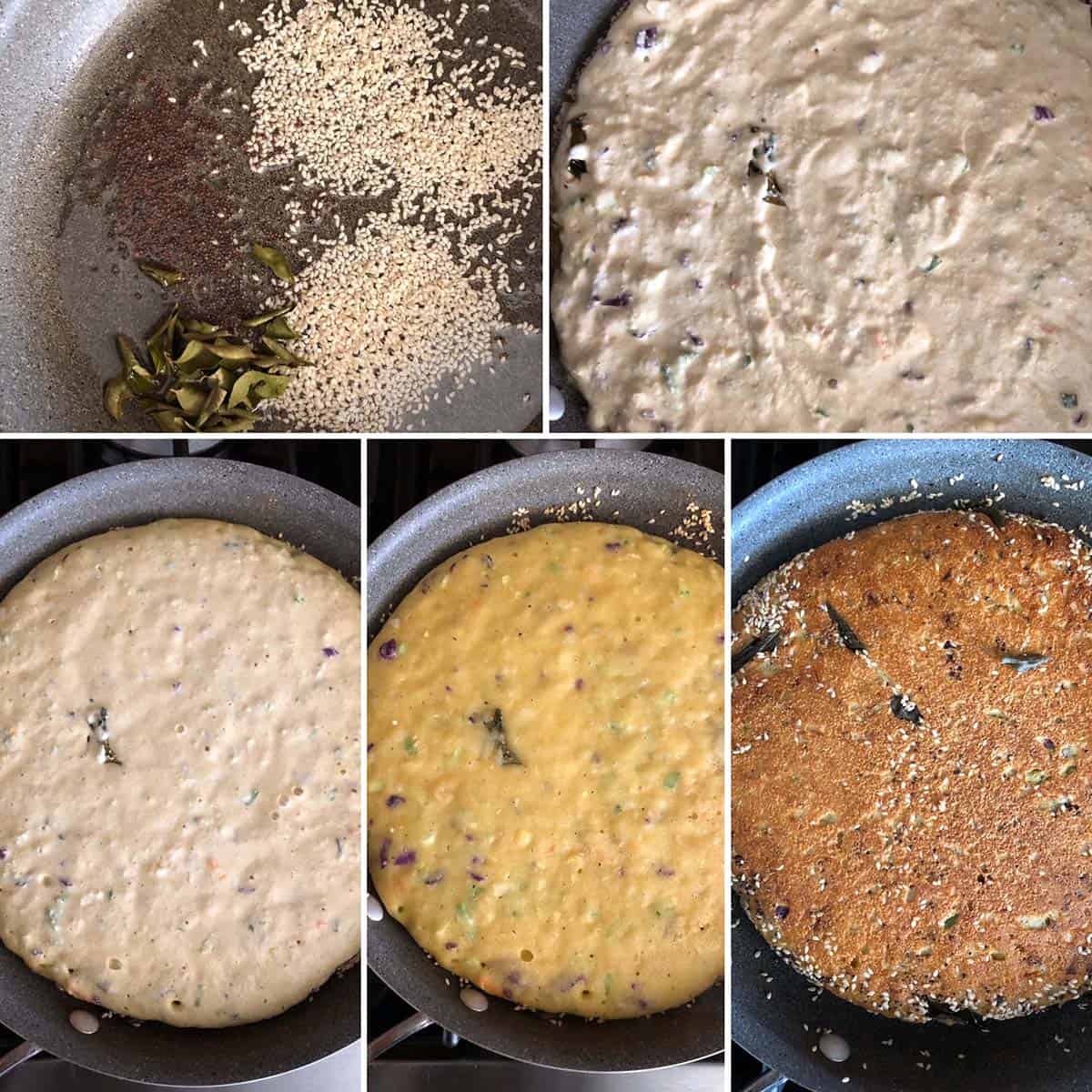 5 panel photo showing the cooking of handvo in a skillet.