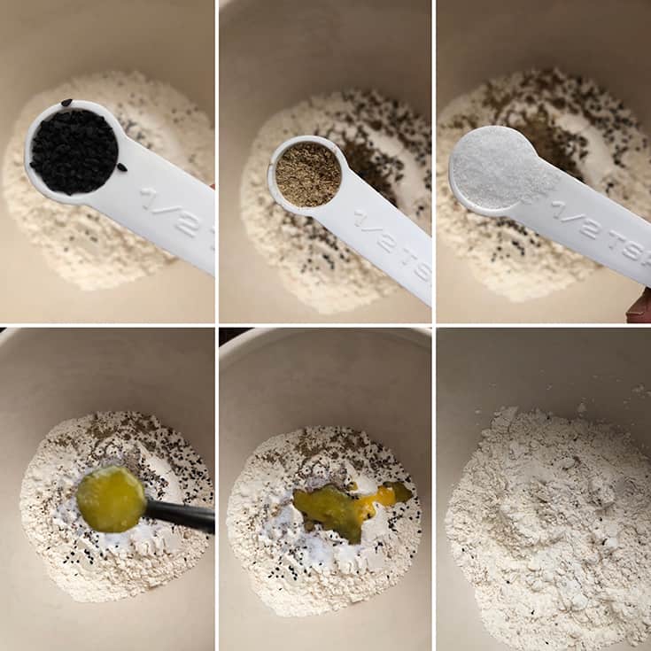 Step by step photos showing the addition of spices to the flour