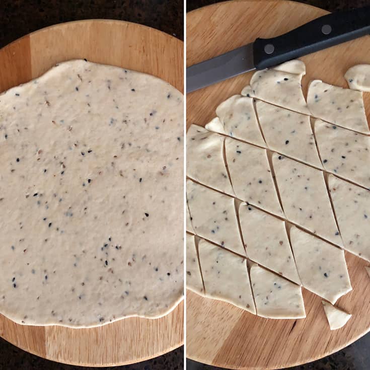 Side by side photos of rolled out dough and cut into chips