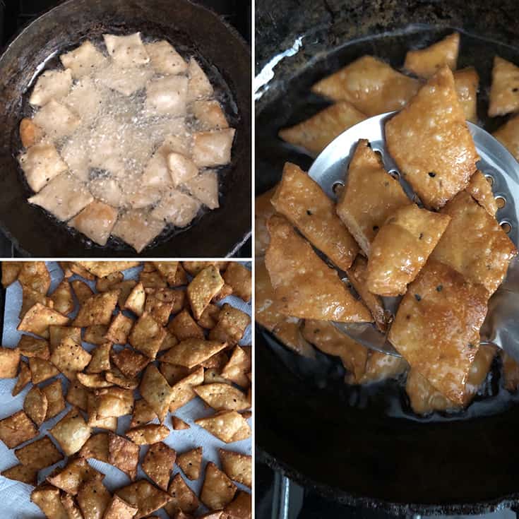 Side by side photos showing the frying of namak pare