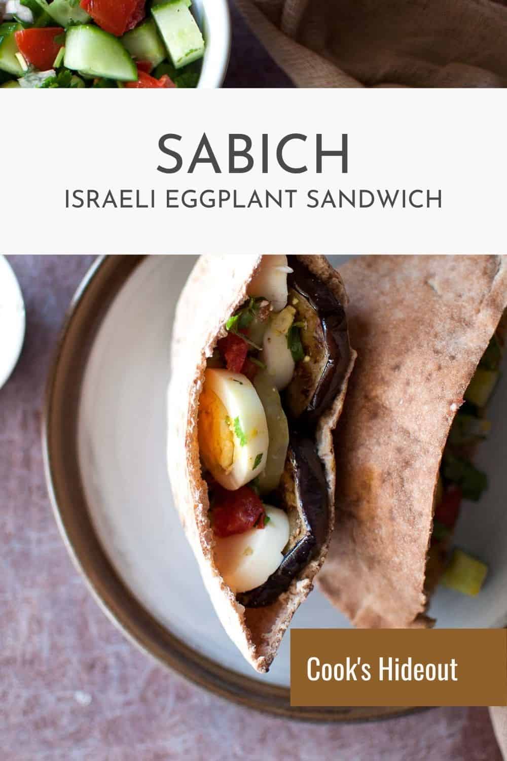 Brown plate with half Sabich sandwiches.