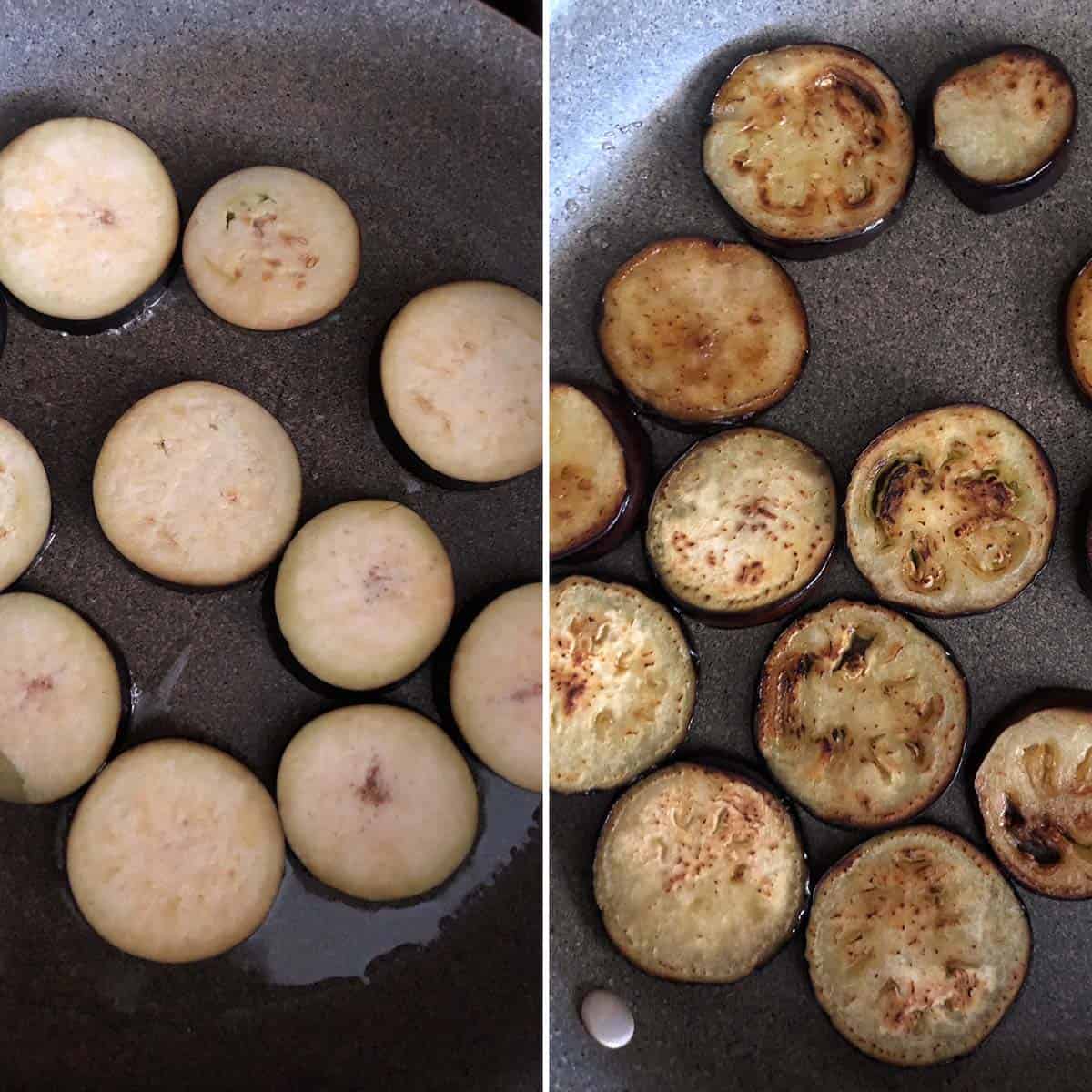 2 panel photo showing cooking of eggplant slices on a nonstick pan.