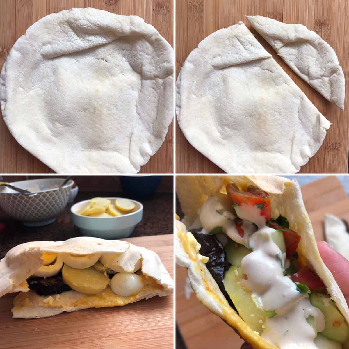 4 panel photo showing the filling of pita pocket.