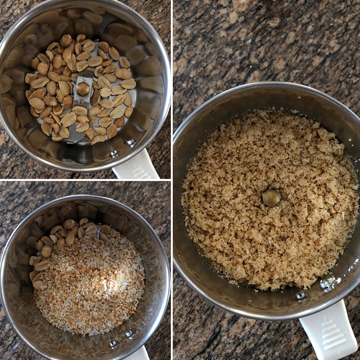 Step by step photos showing roasted peanuts and sesame seeds