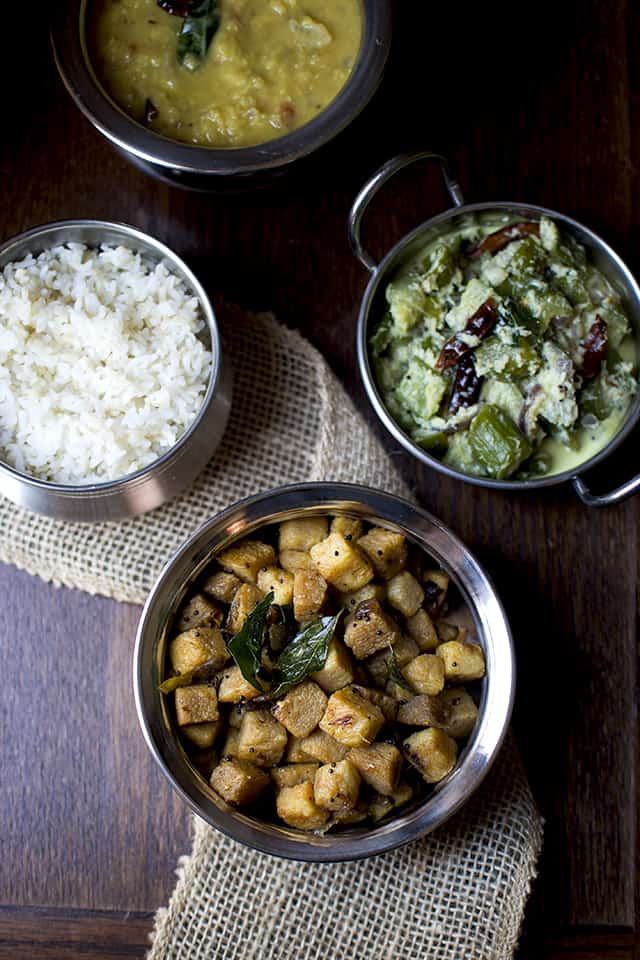 Kerala Vegetarian dishes - Yam Fry, Cucumber curry, Parippu and rice