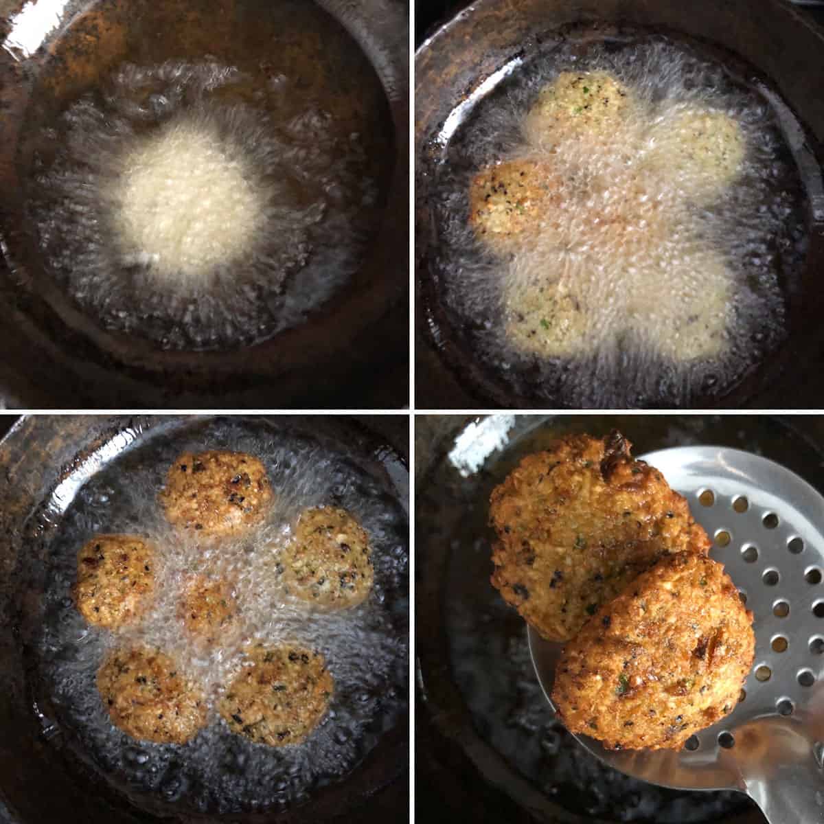 Step by step photos showing the deep frying of croquettes