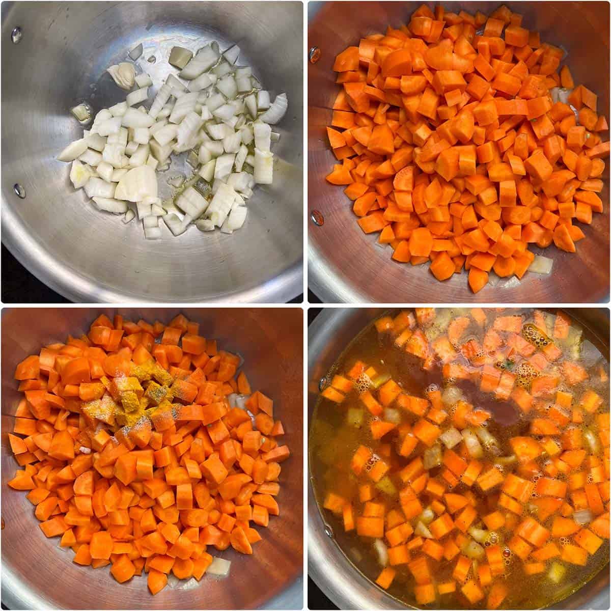 4 panel photo showing the sautéing and simmering of carrots.