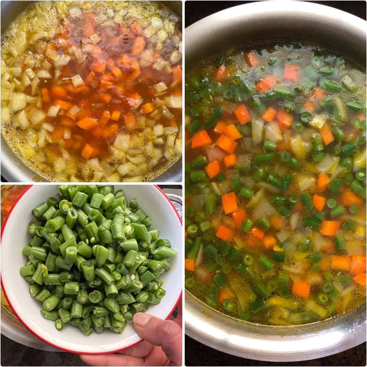 3 panel photo showing the adding of green beans to the pan.