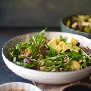 White bowl with beetroot salad.