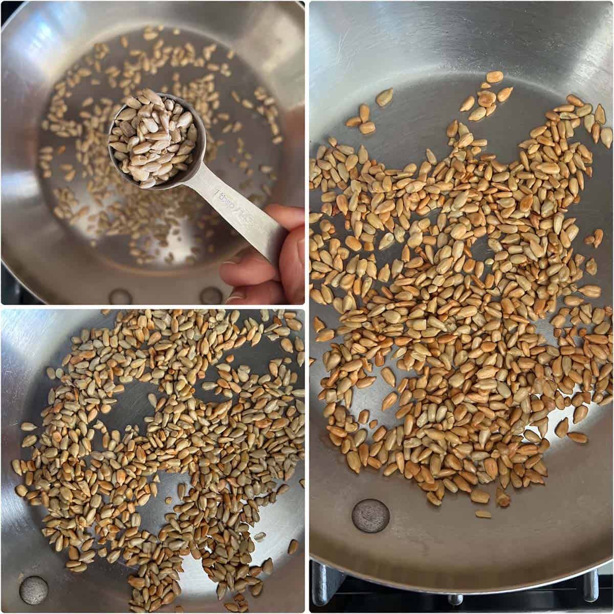 3 panel photo showing the toasting of sunflower seeds.