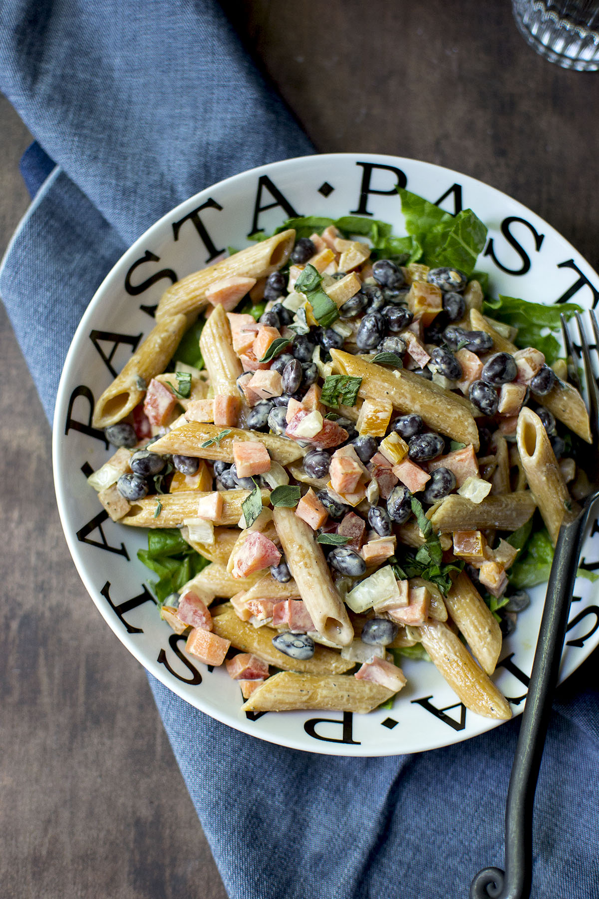 White Bowl with veggies, pasta and beans