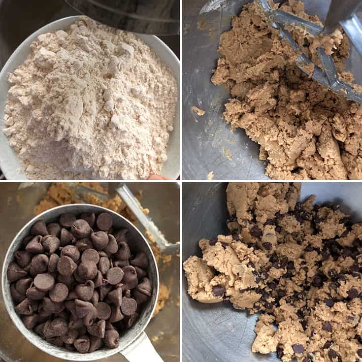 Step by step photos showing the addition of flour and chocolate chip cookies to make the dough