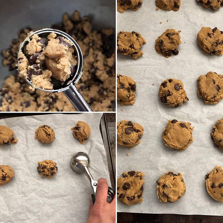 Cookie batter being scooped onto baking sheet