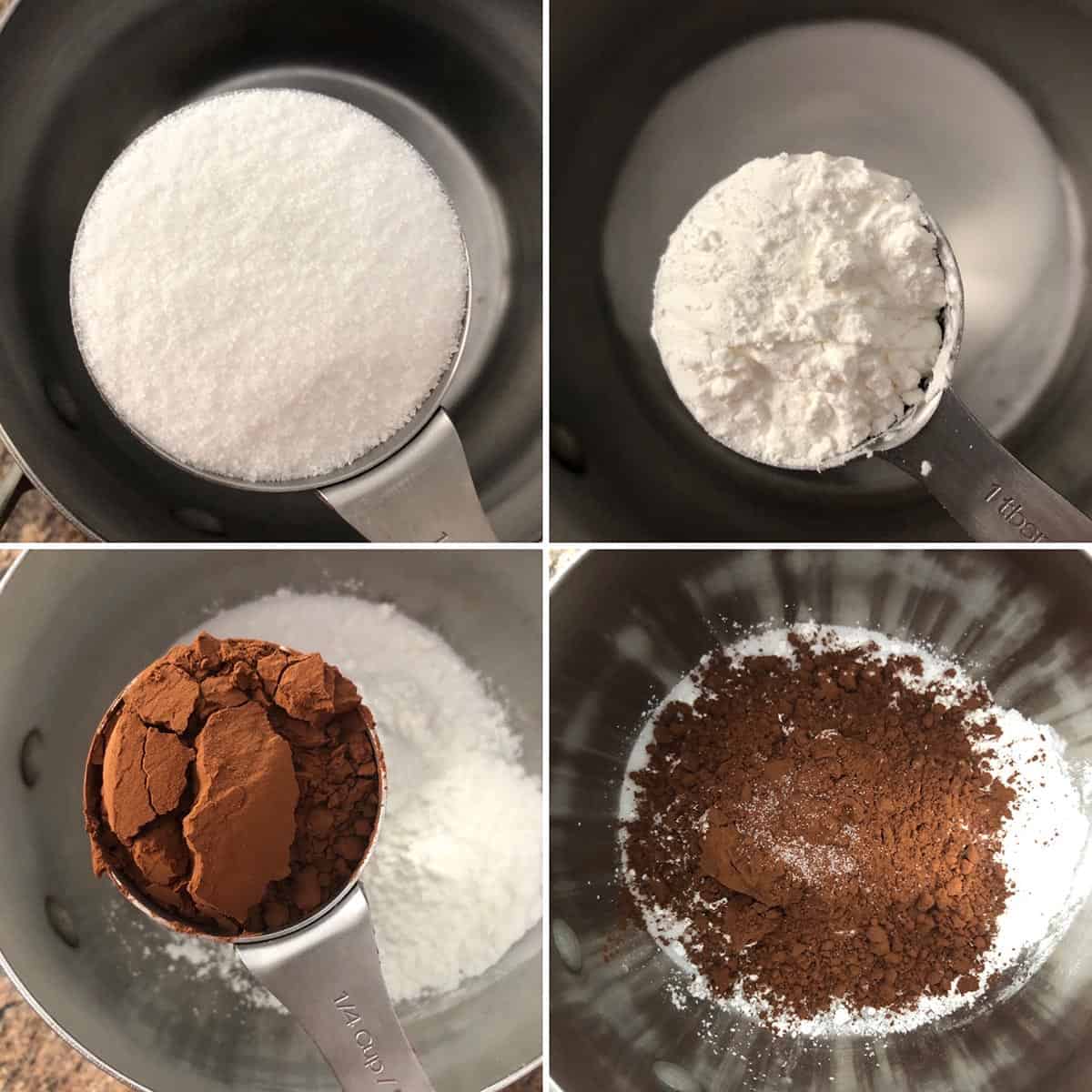 Step by step showing the addition of sugar, cornstarch, cocoa powder to a steel saucepan