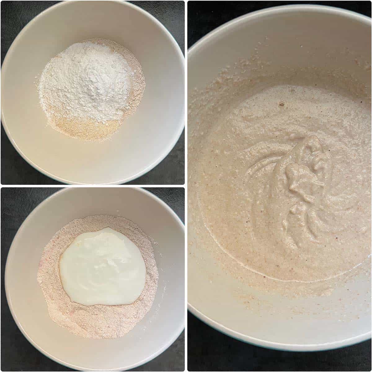 3 panel photo showing the mixing of ingredients for the batter.