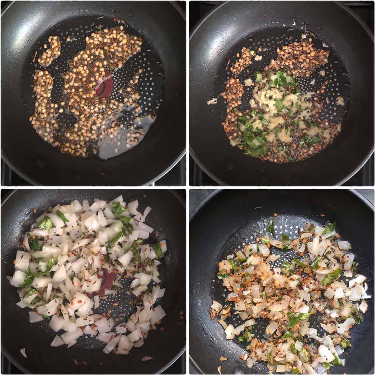 4 panel photo showing the sautéing onions, ginger, chilies.