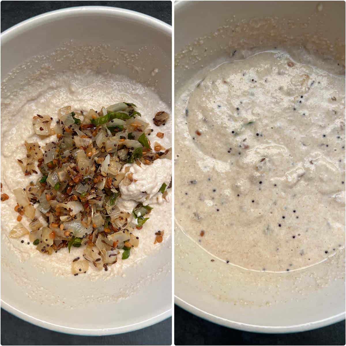 2 panel photo showing the mixing of sautéed onions to the batter.