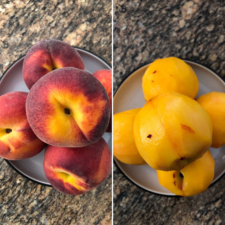 Photos of 5 peaches that are unpeeled and peeled in a white bowl