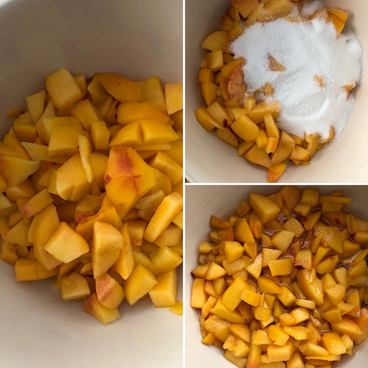 Step by step photos showing peeled and chopped peaches, adding sugar and macerated fruit after 1 hour