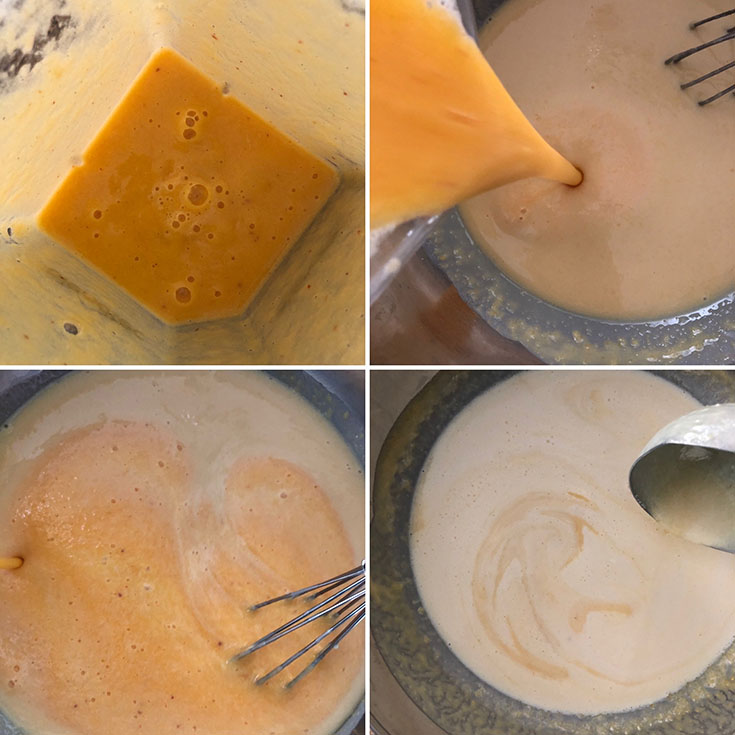 Step by step photos showing peach puree being added to milk mixture to make the ice cream base