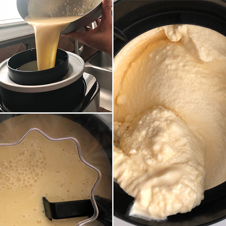 Ice cream base poured into an ice cream maker and churned into an ice cream
