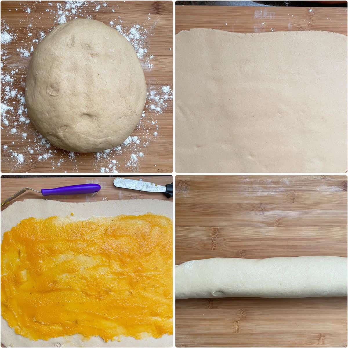 Rolling out the dough and spreading mango filling