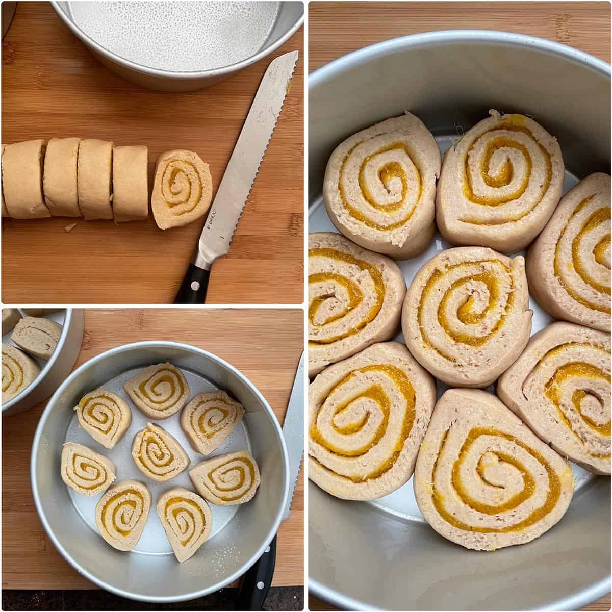 Cutting mango stuffed sweet rolls