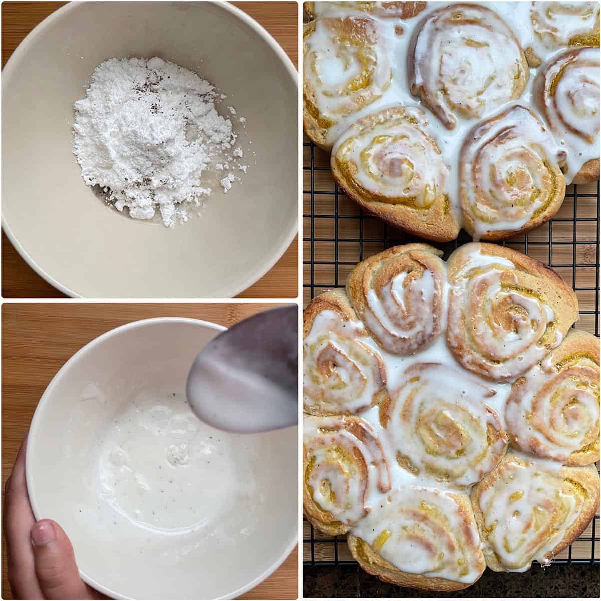 Making the sugar glaze and glazed mango cinnamon rolls