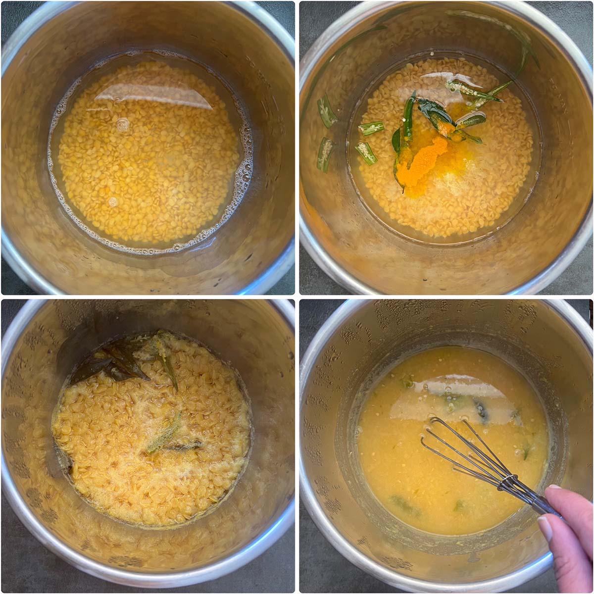 4 panel photo showing the instant pot with dal, green chilies and ginger.