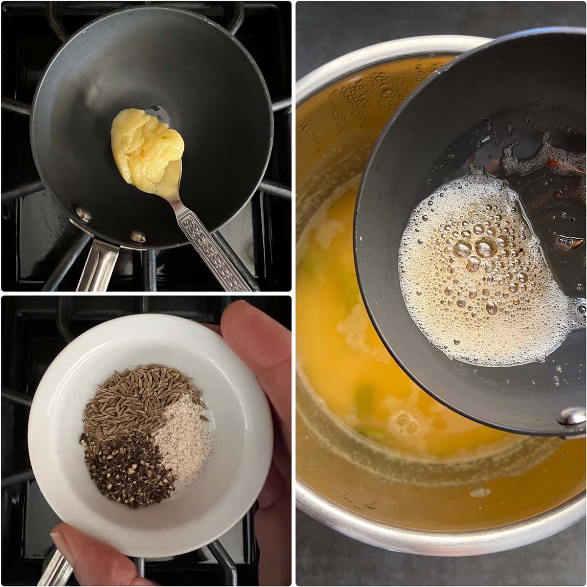 3 panel photo showing the making of tempering and adding it to the pan.