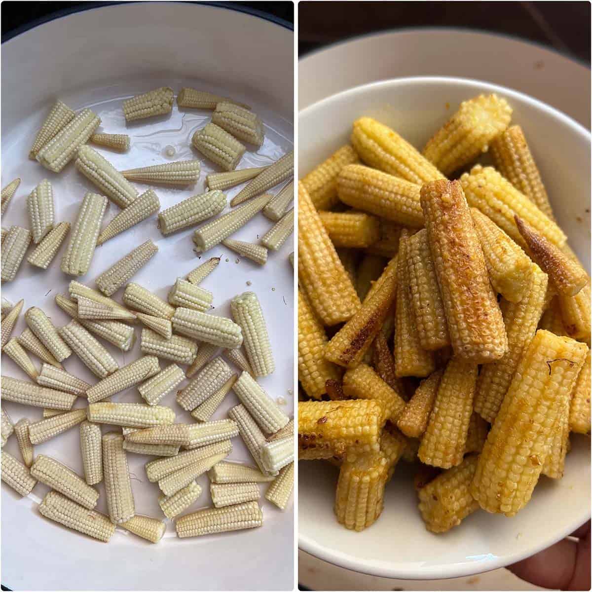 2 panel photo showing sautéed baby corn.