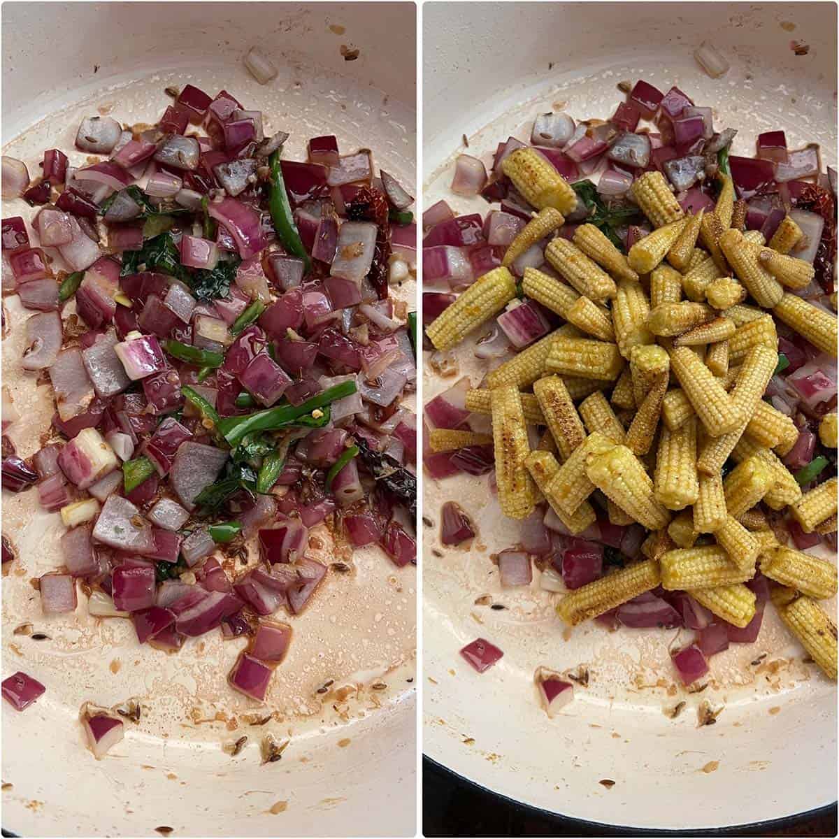 2 panel photo showing the making of stir fry.