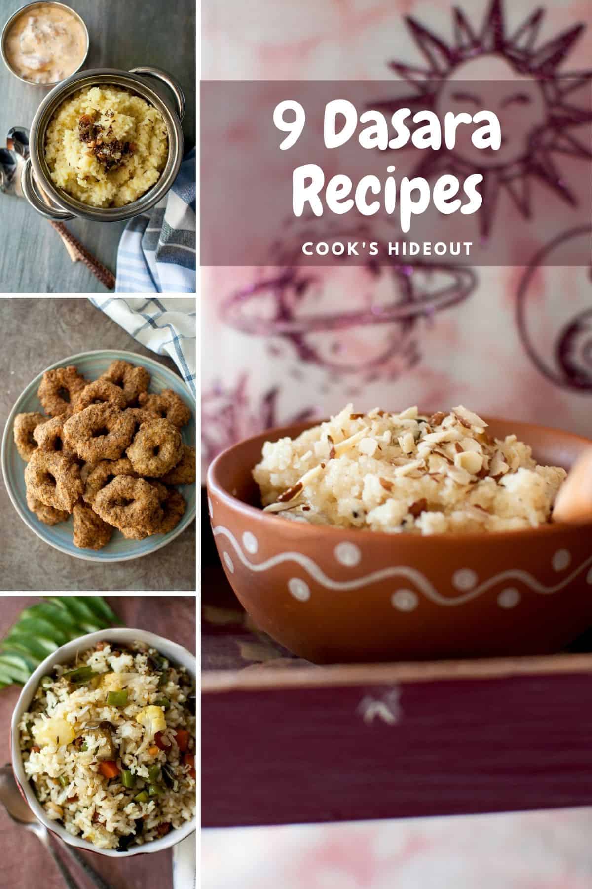 Dasara recipes in a collage - Pongal, Garelu, Vegetable rice and rava kesari 