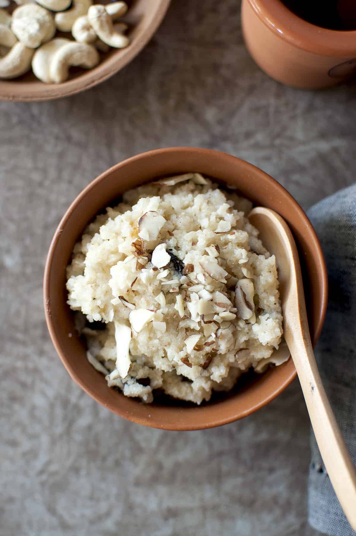 Dasara Recipe Rava Kesari served in Terracotta bowl