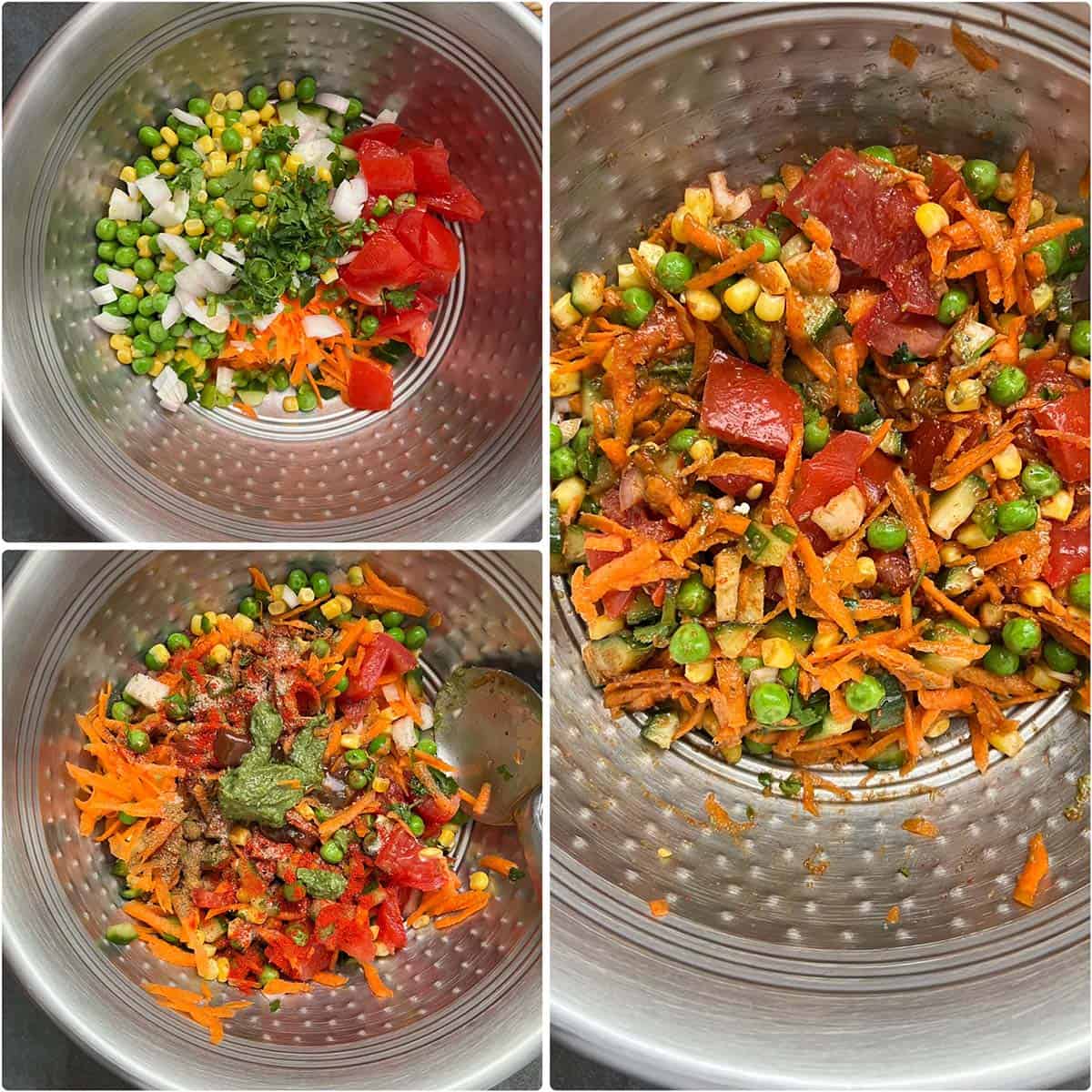 3 panel photo showing the mixing for vegetables in a steel bowl.