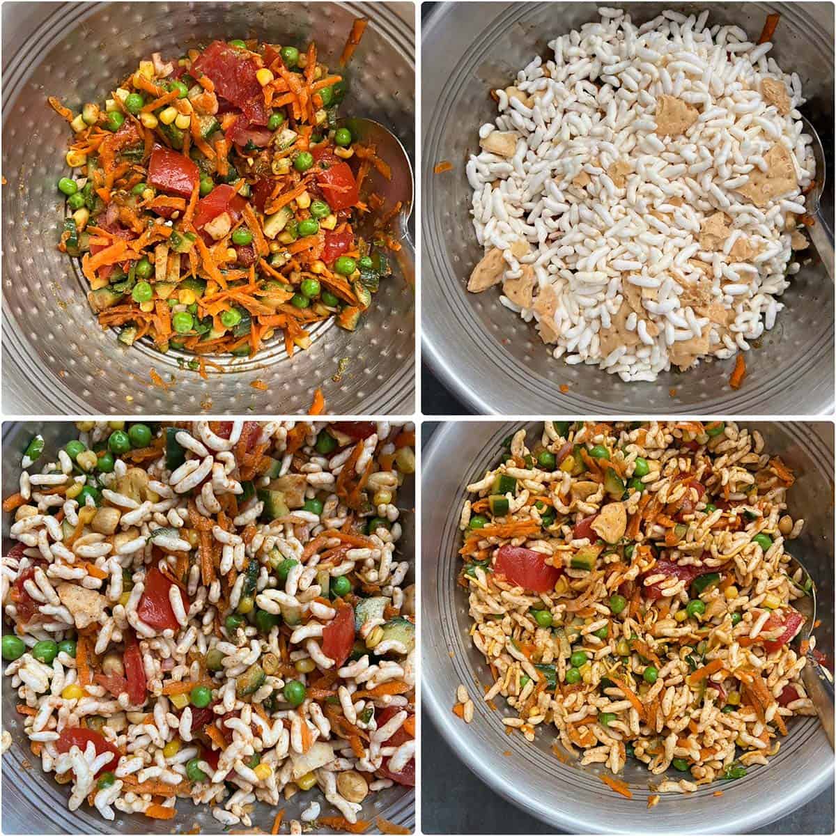 4 panel photo showing the mixing of ingredients.