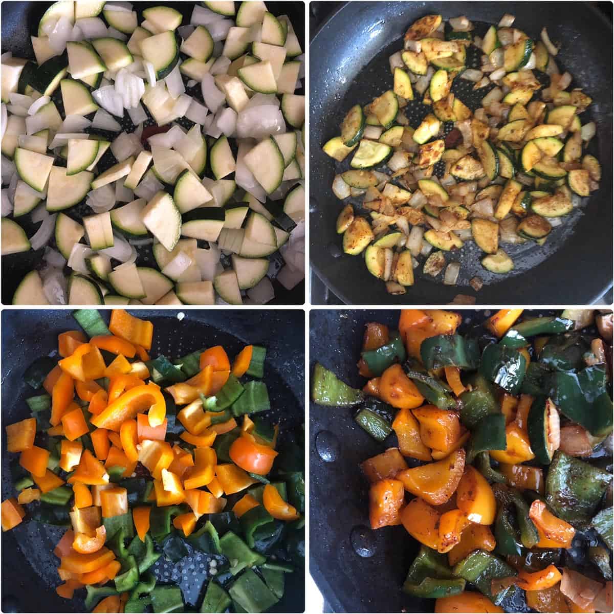 Photos of vegetables before and after sautéing